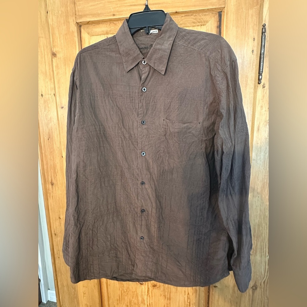 Tommy Bahama 100% Silk Brown Button Down Sz Large w/Raised Grid Pattern Beachy